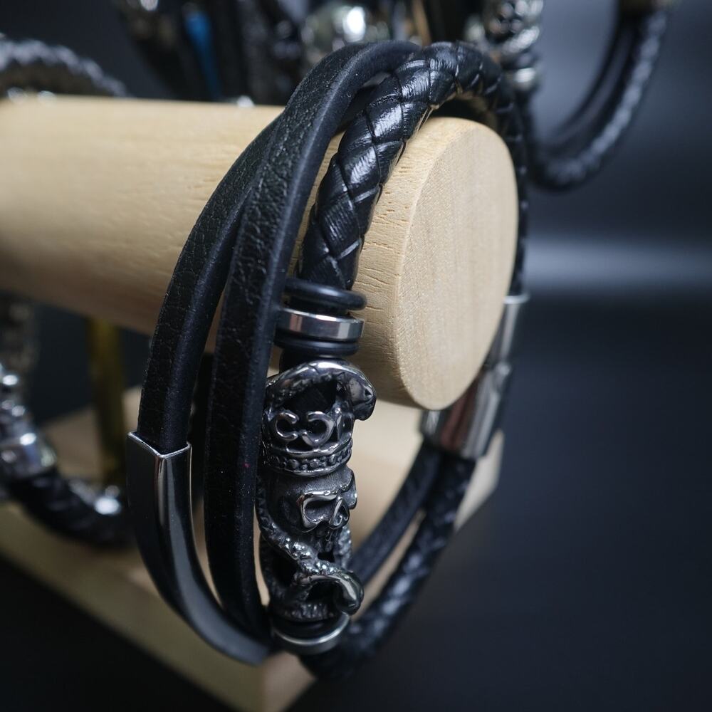 Stainless Steel Bar Accent and Leather Bracelet with Skull & Snake